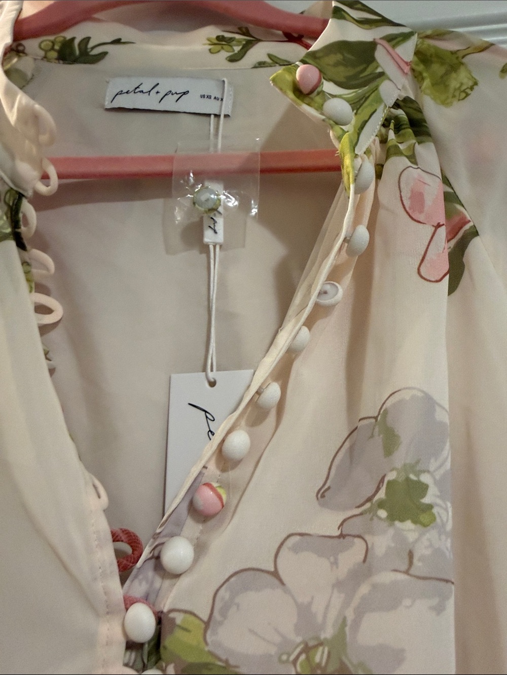 Petal & Pup Sheer Floral Button-Front Blouse in Cream, Pink & Green - Picture 4 of 11